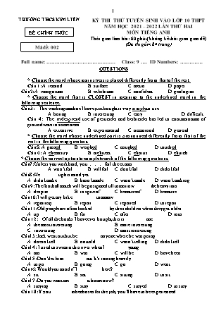 Đề thi tuyển sinh vào Lớp 10 môn Tiếng Anh - Đề số 3 - Năm học 2021-2022 - Trường THCS Kim Liên