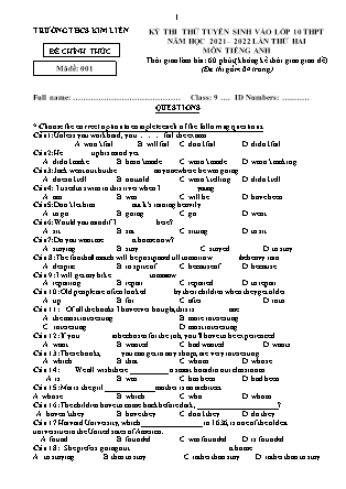 Đề thi tuyển sinh vào Lớp 10 môn Tiếng Anh - Đề số 4 - Năm học 2021-2022 - Trường THCS Kim Liên