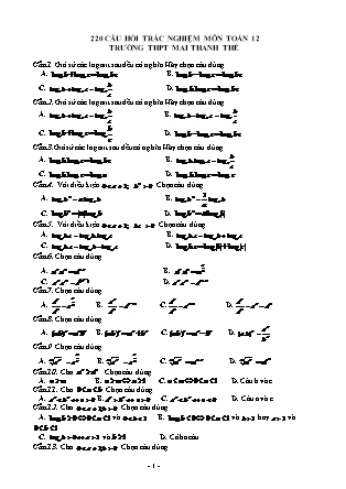 220 câu hỏi Trắc nghiệm môn Toán Lớp 12 - Trường THPT Mai Thanh Thế