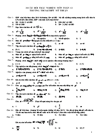 30 câu hỏi trắc nghiệm môn Toán Lớp 12 - Trường THPT Mỹ Thuận
