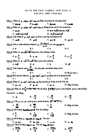 80 câu hỏi Trắc nghiệm Trung học phổ thông môn Toán Lớp 12 - Trường THPT Vĩnh Hải