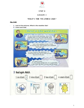Đề Kiểm tra 15 phút môn Family and Friends Special Edition Lớp 4 - Unit 8: Whats the weather like?