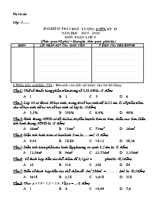 Đề kiểm tra chất lượng môn Toán Khối 5 - Học kì II - Đề số 3 - Năm học 2019-2020