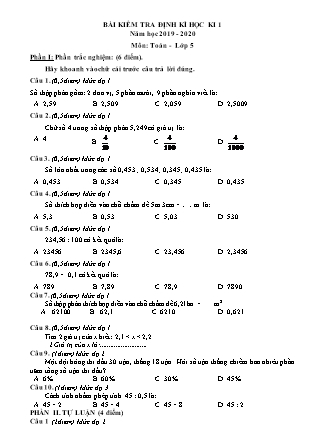 Đề kiểm tra định kì môn Toán Khối 5 - Học kì 1 - Năm học 2019-2020