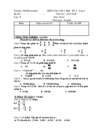 Đề kiểm tra định kì môn Toán Lớp 5 - Học kì I - Năm học 2019-2020 - Trường Tiểu học Hoàng Kim