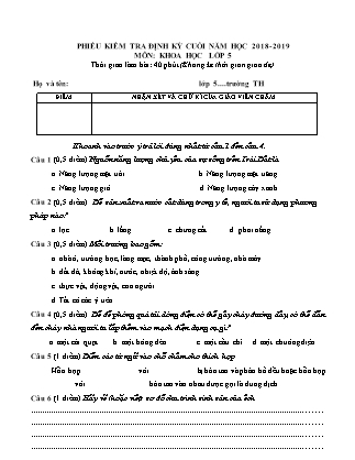 Đề kiểm tra định kỳ môn Khoa học Lớp 5 - Năm học 2018-2019