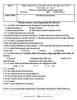 Đề kiểm tra môn Khoa học Lớp 5 - Học kì II - Năm học 2018-2019