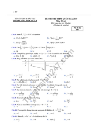 Đề thi thử THPT Quôc Gia môn Toán - Trường THPT Phúc Trạch