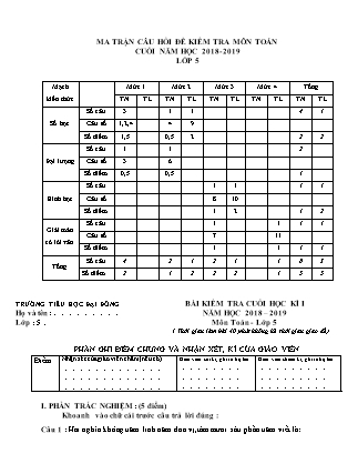 Ma trận đề kiểm tra môn Toán Lớp 5 - Năm học 2018-2019