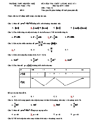 Đề kiểm tra chất lượng môn Toán Lớp 12 - Học kì I - Năm học 2019-2020