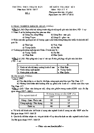Đề kiểm tra môn Địa lý Lớp 8 - Học kì I - Đề số 1 - Năm học 2016-2017 - Trường THCS Thạch Bàn