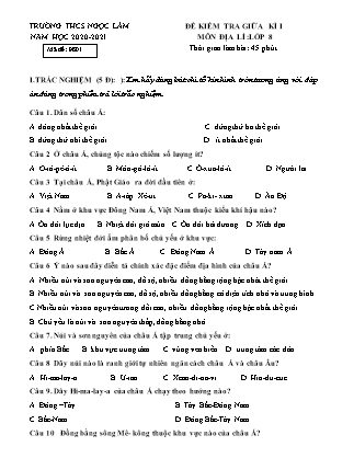 Đề kiểm tra môn Địa lý Lớp 8 - Học kì I - Năm học 2020-2021 - Trường THCS Ngọc Lâm