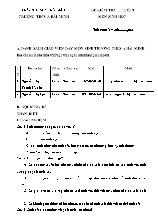 Đề kiểm tra môn Sinh học Lớp 9 - Học kì 2 - Trường THCS Hải Minh