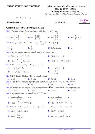 Đề kiểm tra môn Toán Lớp 12 - Đề số 102 - Học kì I - Năm học 2019-2020