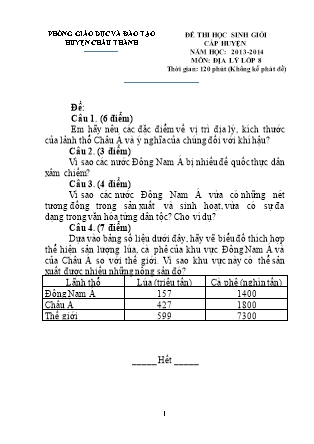 Đề thi học sinh giỏi môn Địa Lý Lớp 8 - Năm học 2013-2014