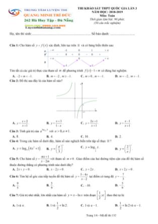 Đề thi khảo sát Trung học phổ thông quốc gia Lần 3 môn Toán Lớp 12 - Năm học 2018-2019