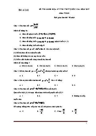 Đề thi minh học kì thi Trung học phổ thông quốc gia môn Toán Lớp 12 - Đề số 141 (Kèm đáp án)