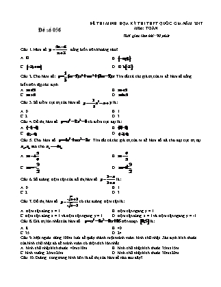 Đề thi minh học kì thi Trung học phổ thông quốc gia môn Toán Lớp 12 - Đề số 56 (Kèm đáp án)