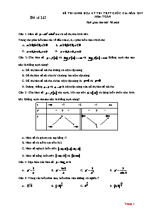 Đề thi minh học kì thi Trung học phổ thông quốc gia môn Toán Lớp 12 - Đề số 142 (Kèm đáp án)