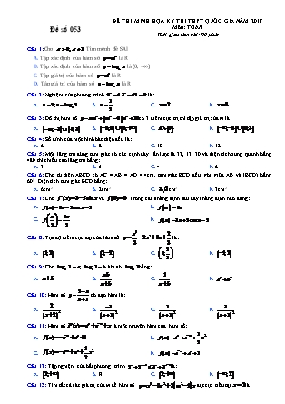 Đề thi minh học kì thi Trung học phổ thông quốc gia môn Toán Lớp 12 - Đề số 53 (Kèm đáp án)