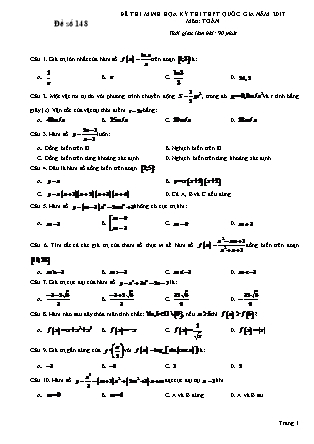 Đề thi minh học kì thi Trung học phổ thông quốc gia môn Toán Lớp 12 - Đề số 148 (Kèm đáp án)