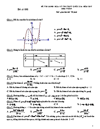 Đề thi minh học kì thi Trung học phổ thông quốc gia môn Toán Lớp 12 - Đề số 98 - Sở Giáo dục và đào tạo Hà Tĩnh