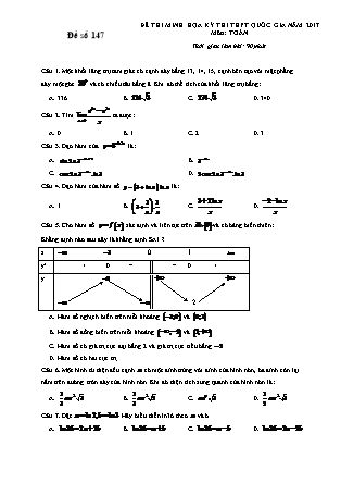 Đề thi minh học kì thi Trung học phổ thông quốc gia môn Toán Lớp 12 - Đề số 147 (Kèm đáp án)
