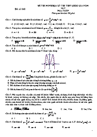 Đề thi minh học kì thi Trung học phổ thông quốc gia môn Toán - Đề số 40 (Kèm đáp án)