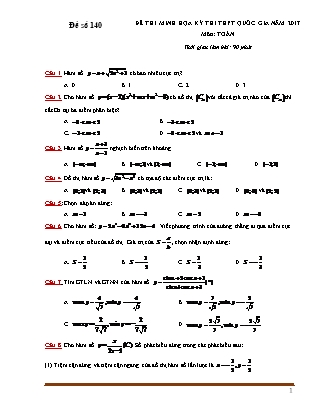 Đề thi minh học kì thi Trung học phổ thông quốc gia môn Toán Lớp 12 - Đề số 140 (Kèm đáp án)
