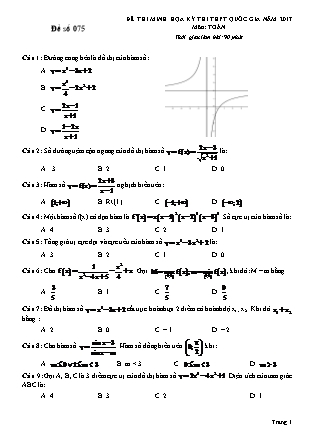 Đề thi minh học kì thi Trung học phổ thông quốc gia môn Toán Lớp 12 - Đề số 75