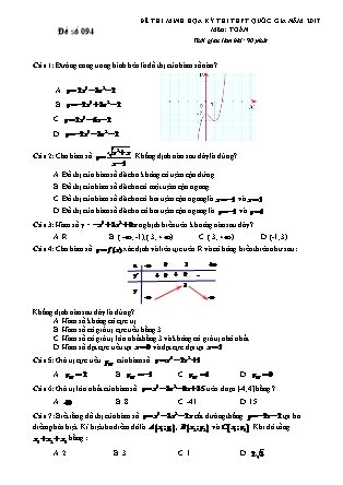 Đề thi minh học kì thi Trung học phổ thông quốc gia môn Toán Lớp 12 - Đề số 94 - Sở Giáo dục và đào tạo Hà Tĩnh