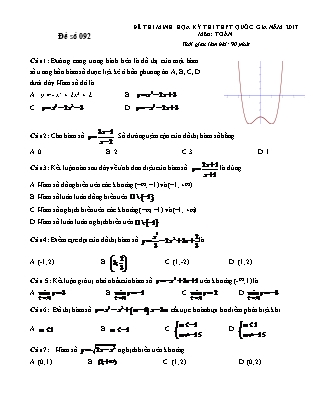 Đề thi minh học kì thi Trung học phổ thông quốc gia môn Toán Lớp 12 - Đề số 92 - Sở Giáo dục và đào tạo Hà Tĩnh