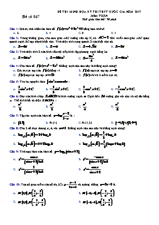 Đề thi minh học kì thi Trung học phổ thông quốc gia môn Toán - Đề số 47 (Kèm đáp án)