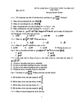 Đề thi minh học kì thi Trung học phổ thông quốc gia môn Toán Lớp 12 - Đề số 70 - Sở Giáo dục và đào tạo Hà Tĩnh