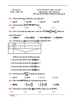 Đề thi thử Trung học phổ thông quốc gia Lần 1 môn Toán Lớp 12 - Năm học 2016-2017 - Sở giáo dục và đào tạo Bà Rịa Vũng Tàu