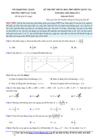 Đề thi Thử Trung học phổ thông quốc gia môn Toán học 12 - Năm học 2019-2020 - Trường THPT Lục Nam