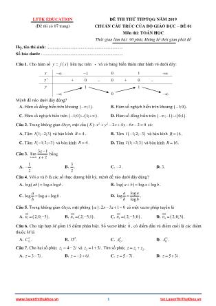 Đề thi thử Trung học phổ thông quốc gia môn Toán học Lớp 12 - Đề số 1 (Chuẩn kiến thức)