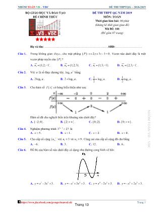 Đề thi Trung học phổ thông quốc gia môn Toán Lớp 12 - Năm học 2018-2019