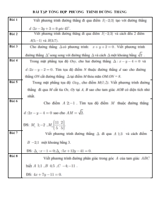 Đề cương Bài tập tổng hợp Phương trình đường thẳng môn Toán Lớp 10