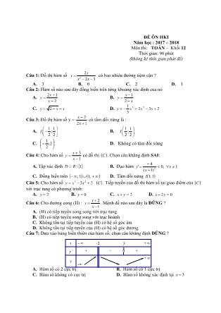 Đề cương Ôn tập môn Toán Lớp 12 - Học kì I - Năm học 2017-2018