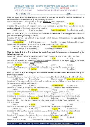 Đề khảo sát chất lượng Ôn thi Trung học phổ thông quốc gia môn Tiếng Anh - Đề số 10 - Năm học 2018-2019 - Trường THPT Liên Sơn