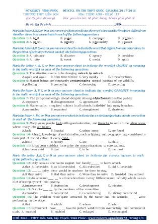 Đề khảo sát chất lượng Ôn thi Trung học phổ thông quốc gia môn Tiếng Anh - Đề số 113 - Năm học 2017-2018 - Trường THPT Liên Sơn
