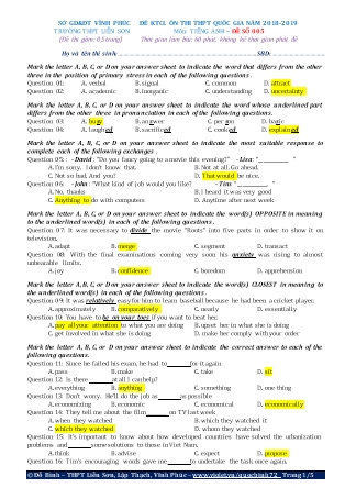 Đề khảo sát chất lượng Ôn thi Trung học phổ thông quốc gia môn Tiếng Anh - Đề số 5 - Năm học 2018-2019 - Trường THPT Liên Sơn
