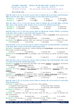 Đề khảo sát chất lượng Ôn thi Trung học phổ thông quốc gia môn Tiếng Anh - Đề số 93 - Năm học 2017-2018 - Trường THPT Liên Sơn