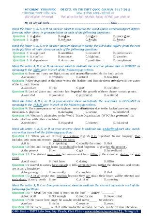 Đề khảo sát chất lượng Ôn thi Trung học phổ thông quốc gia môn Tiếng Anh - Đề số 92 - Năm học 2017-2018 - Trường THPT Liên Sơn