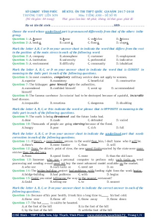 Đề khảo sát chất lượng Ôn thi Trung học phổ thông quốc gia môn Tiếng Anh - Đề số 95 - Năm học 2017-2018 - Trường THPT Liên Sơn