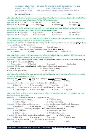 Đề khảo sát chất lượng Ôn thi Trung học phổ thông quốc gia môn Tiếng Anh - Đề số 117 - Năm học 2017-2018 - Trường THPT Liên Sơn