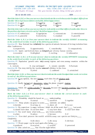 Đề khảo sát chất lượng Ôn thi Trung học phổ thông quốc gia môn Tiếng Anh - Đề số 119 - Năm học 2017-2018 - Trường THPT Liên Sơn