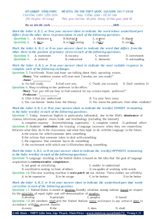 Đề khảo sát chất lượng Ôn thi Trung học phổ thông quốc gia môn Tiếng Anh - Đề số 100 - Năm học 2017-2018 - Trường THPT Liên Sơn