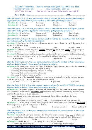 Đề khảo sát chất lượng Ôn thi Trung học phổ thông quốc gia môn Tiếng Anh - Đề số 99 - Năm học 2017-2018 - Trường THPT Liên Sơn
